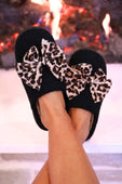 Cozy Bow Slippers- Black/Leopard - Jess Lea Boutique