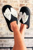 Cozy Bow Slippers- Black/White - Jess Lea Boutique