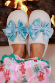 Cozy Bow Slippers- White/Aqua - Jess Lea Boutique
