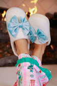 Cozy Bow Slippers- White/Aqua - Jess Lea Boutique