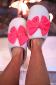 Cozy Bow Slippers- White/Hot Pink - Jess Lea Boutique
