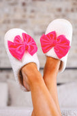 Cozy Bow Slippers- White/Hot Pink - Jess Lea Boutique