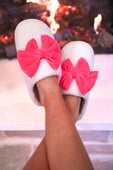 Cozy Bow Slippers- White/Hot Pink - Jess Lea Boutique