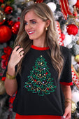Black embellished christmas tree tee with sequin top, red trim, and gold, green, and multicolored embellishments