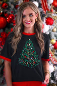 Black embellished christmas tree tee with red trim and sequined details perfect for holiday wear