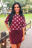 Emma Mesh Tee- Burgundy Polka Dot - Jess Lea Boutique