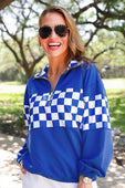End Zone Checkered Pullover- Blue - Jess Lea Boutique