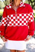 End Zone Checkered Pullover- Red - Jess Lea Boutique