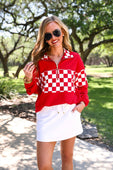 End Zone Checkered Pullover- Red - Jess Lea Boutique