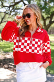 End Zone Checkered Pullover- Red - Jess Lea Boutique