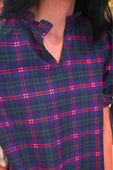 Navy plaid evelyn dress blouse with green and red plaid print and a ruffled collar