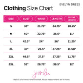 Evelyn dress size chart with pink header and black text showing measurements for navy plaid tie sleeve sizes s to 3xl