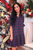 Navy plaid evelyn dress with tiered skirt and tie sleeve detail in navy and magenta plaid pattern