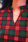 Red and green plaid evelyn dress with v-neckline and tie sleeve detail in soft fabric for casual wear