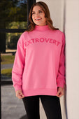 Vibrant pink extrovert mock neck pullover sweatshirt with long sleeves fits size for casual wear