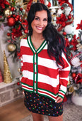 Festive stripes knit cardigan in red and white stripes with green trim and button closure for holiday wear