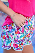 PREORDER-Fiesta Time Floral Drawstring Everyday Shorts, White - Jess Lea Boutique