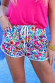 PREORDER-Fiesta Time Floral Drawstring Everyday Shorts, White - Jess Lea Boutique