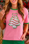 Pink short-sleeved christmas treat tee with green trim and foil bow christmas candy cane tree design