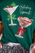 Green holiday spirit sequin embroidered tee featuring sequined martini and margarita glasses with festive bows