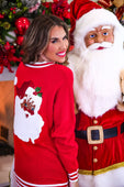 Red christmas jolly santa cardigan sweater with white santa appliqué glittery holly and sequins festive design