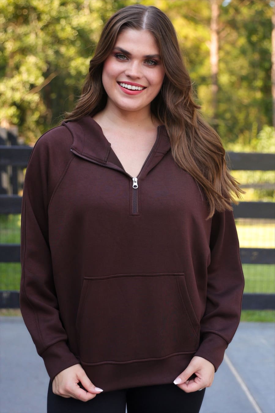 Kayla Luxe Hooded Quarter Zip Pullover- Chocolate - Jess Lea Boutique