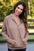Kayla Luxe Hooded Quarter Zip Pullover- Mocha - Jess Lea Boutique