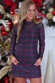 Keigan mesh navy plaid festive mini dress with sheer mesh long sleeves and high neckline in red and navy stripes