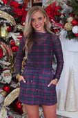 Keigan mesh navy plaid mini dress with long sleeves sheer mesh overlay and drawstring waist for festive wear