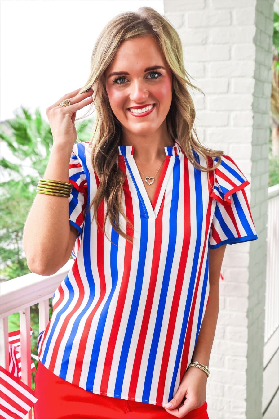 Kennedy Flutter Sleeve Blouse- Patriotic Stripes - Jess Lea Boutique