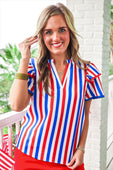 Kennedy Flutter Sleeve Blouse- Patriotic Stripes - Jess Lea Boutique