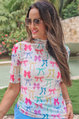 Kora Short Sleeve Mesh Top- Midnight Bow Neon Pastel - Jess Lea Boutique