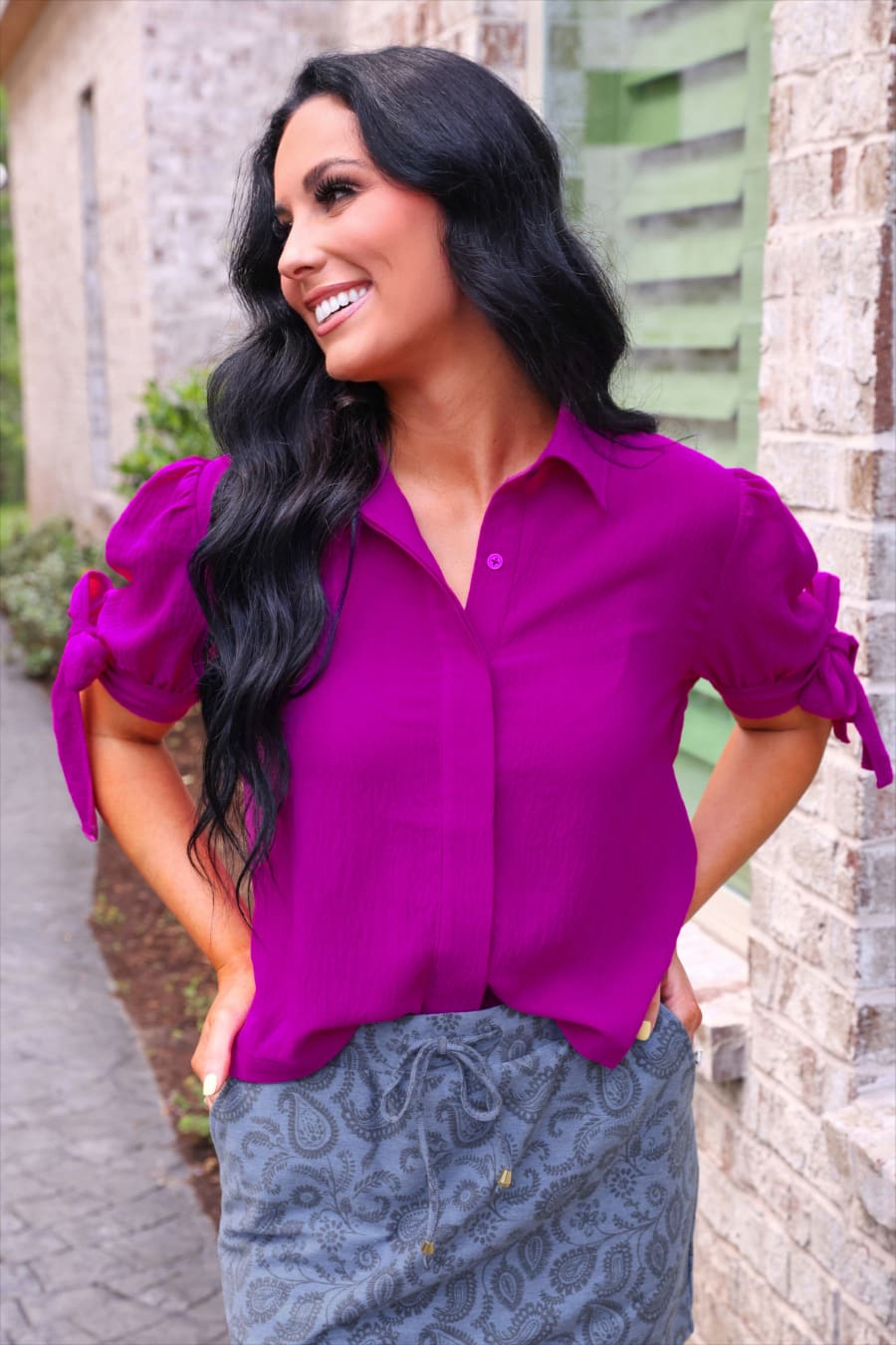 Lainey Tie Sleeve Top- Fuschia - Jess Lea Boutique