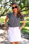 Layla Striped Flutter Sleeve Blouse- Black - Jess Lea Boutique