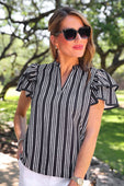 Layla Striped Flutter Sleeve Blouse- Black - Jess Lea Boutique