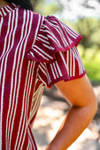 Layla Striped Flutter Sleeve Blouse- Maroon - Jess Lea Boutique