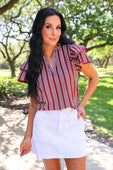 Layla Striped Flutter Sleeve Blouse- Maroon - Jess Lea Boutique