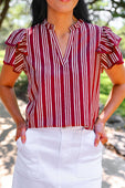 Layla Striped Flutter Sleeve Blouse- Maroon - Jess Lea Boutique