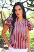Layla Striped Flutter Sleeve Blouse- Maroon - Jess Lea Boutique