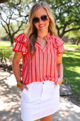 Layla Striped Flutter Sleeve Blouse- Red - Jess Lea Boutique