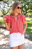 Layla Striped Flutter Sleeve Blouse- Red - Jess Lea Boutique