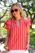 Layla Striped Flutter Sleeve Blouse- Red - Jess Lea Boutique