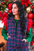 Navy christmas plaid puffer vest with red green and navy fabric and ruffle shoulder details on sleeves