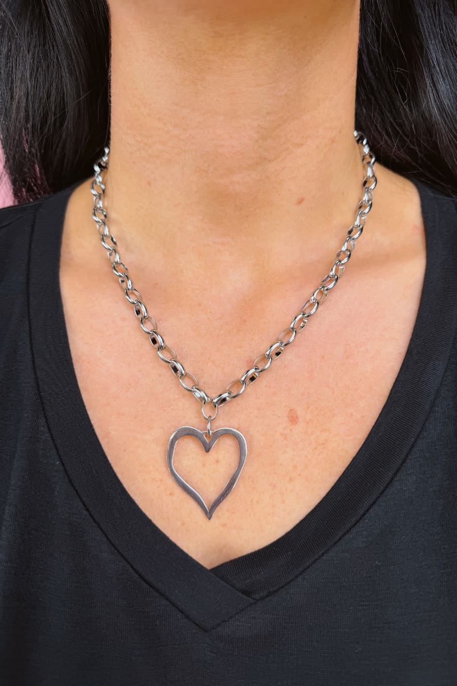 Open Heart Chain Necklace- Silver - Jess Lea Boutique