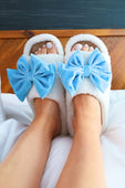 Open Toe Cozy Bow Slippers- White/Blue - Jess Lea Boutique