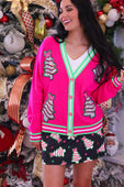 Pink bow christmas treat cardigan bright pink christmas cardigan with sequined tree appliqués and green trim