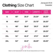 Pink santa baby jacquard knit sweater size chart with pink and white labels by Jess Lea for jacquard knit fit