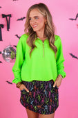PREORDER- Levi Ribbed Quarter Zip Pullover- Neon Green - Jess Lea Boutique