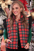 Red christmas plaid puffer vest with quilted fabric and black ruffle shoulder details for festive layering