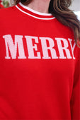 Red merry jacquard knit sweater in red with white merry lettering and ribbed collar with red and white stripes